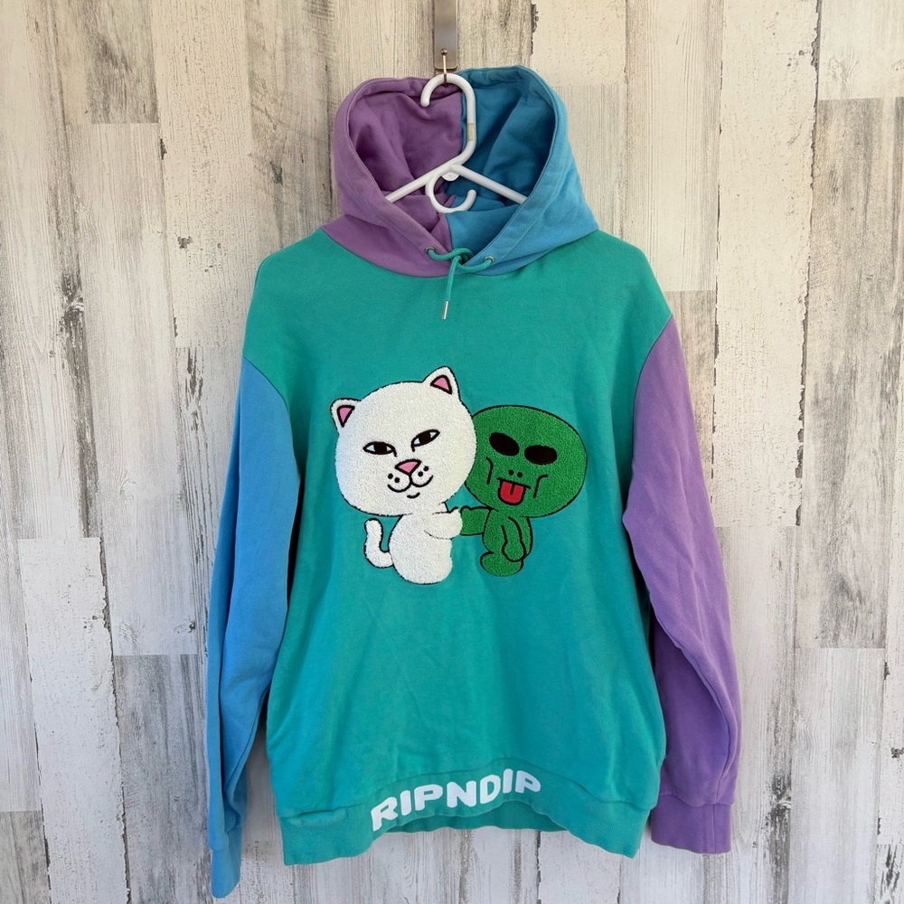 Ripndip Unisex Size Medium Buddy System Cat Alien Drawstring Hoodie 100% Cotton